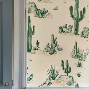 Carta da parati Western Cactus, murale da parete con paesaggio desertico, decorazione da parete rimovibile con cactus, parete decorativa con vivaio botanico verde 297