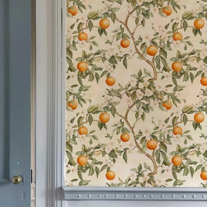 Carta da parati botanica arancione / Camera da letto e bagno vintage stravagante / Rimovibile Peel and Stick Cottagecore Floral Maximalist, murale floreale NF066