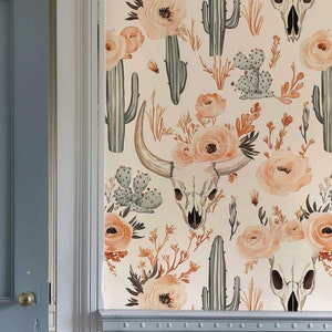 Carta da parati con cactus stravaganti, murale floreale occidentale staccabile e attaccabile, arte murale con teschio boho texano, decorazione murale botanica del deserto per camera da letto 319