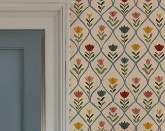 Blue Trellis Tulip Wallpaper Peel and Stick, Scandinavian Folk Floral Wallpaper, Removable Wallpaper 530
