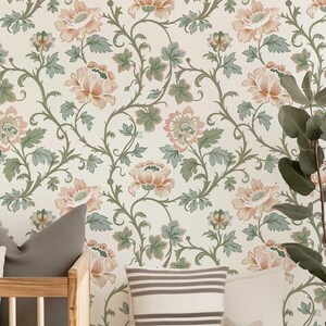 Vintage Floral Wallpaper Mural | Pink Flowers & Muted Green Leaves Vines | Victorian Peel and Stick or Traditional Wallpaper