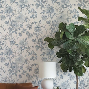 Blue Floral Peel and Stick Wallpaper: French Shabby Chic Wall Mural