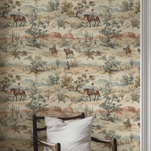 Carta da parati murale con cowboy western, cavalli, paesaggio staccabile e attaccabile o decorazione murale tradizionale, arredamento rustico per camera da letto o soggiorno PV41