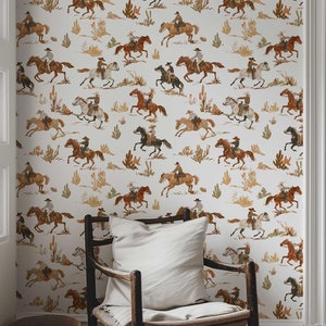 Temporary Western Cowboy Wallpaper mural, Old West Peel and Stick Accent Wall, Rodeo Horse Wall paper, Boy Nursery Wall Decor 117