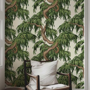 Papier peint forêt enchantée, décoration murale tropicale amovible, revêtement mural botanique Moody, décoration murale arbre côtier vert pv76