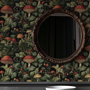 Dark Academia Mural, Moody Mushroom Peel and Stick Wallpaper, Gothic Forest Wall Decor, Vintage Bedroom Bathroom Wall covering PV292