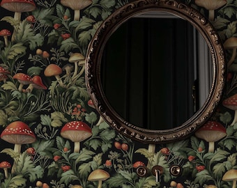 Mushroom Forest Wallpaper Mural: Dark Academia Peel and Stick Wall Covering