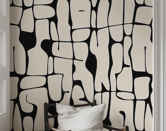 Modern Abstract Wallpaper, Black off White Peel and Stick or Traditional | Mid Century Geometric Mural | Minimalist Accent Wall Décor 425