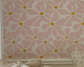 70s Oversized Daisy Wallpaper | Pink Groovy Abstract Floral Wall Mural | Hippie Boho Retro Maximalist Decor 527