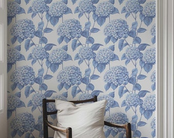 Blue Hydrangea Floral Wallpaper: Peel and Stick Botanical Mural