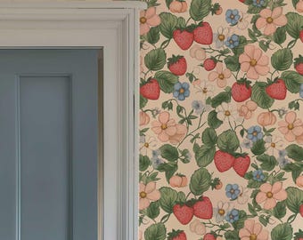 Strawberry Garden Wallpaper Peel and Stick, Nursery Floral Wall Mural, Whimsical Botanical Kids Room Removable Wallpaper Decor P485