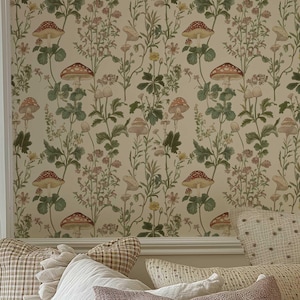 Whimsical Mushroom Wallpaper - Vintage Peel and Stick Wallpaper - Fairy Forest Flower Wall Mural - Woodland Wall sticker - NF28