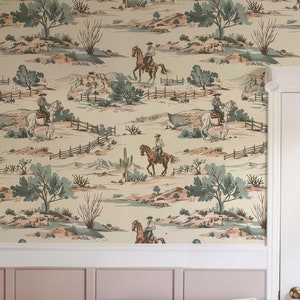 Cowboy and Horse Removable Wallpaper, Western Peel and Stick Wall Mural, Wild Wild West Wall Decor, Landscape Accent Wall for kids room 066