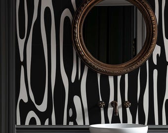 Black Abstract Wallpaper Peel and Stick, Modern Neutral Wall Mural, Contemporary Organic Pattern, Removable or Traditional 493