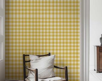Yellow Check Wallpaper – Removable Peel and Stick or Traditional | Modern Gingham Wall Decor 479