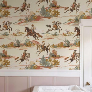 Western Cowboy Peel and Stick Wallpaper mural, Wild Wild West Temporary Wall paper, Horse Wall Decor, Desert Landscape Wall covering 089
