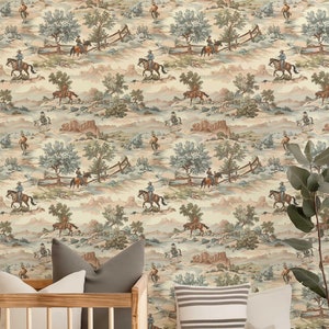 Rustic Western Removable Wallpaper mural, Cowboy Peel and Stick Wall, Wild West Horse Wall paper, Boy Nursery, Playroom Wall Decor 092
