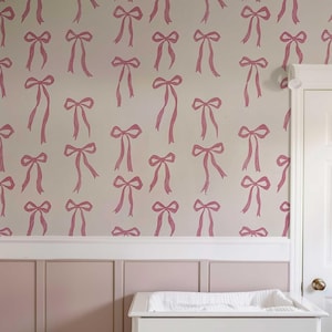 Pink Ribbon Bow Wallpaper: Coquette Nursery Decor, Peel and Stick Mural ...