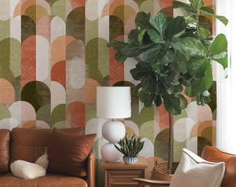 Retro 70s Wallpaper, Abstract Geometric Arches, Terracotta Olive Wall Mural, Peel and Stick or Traditional 506