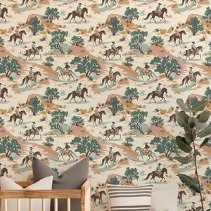 Western Cowboy Removable Wallpaper mural, Wild Wild West Peel and Stick Wall, Horse riding Wall paper, Rodeo Boy Nursery Wall Decor 046