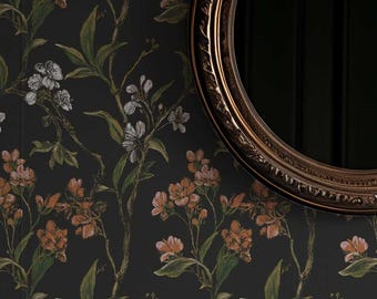 Moody Floral Wallpaper | Dark Botanical Peel and Stick Wallpaper | Vintage Wildflower Wallpaper | Removable Wall Mural 508