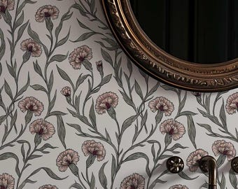 Vintage Carnation Wallpaper Peel and Stick, Romantic Floral Wallpaper, Botanical Removable Wallpaper 521