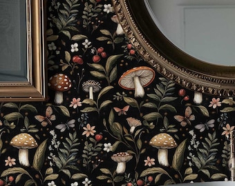 Moody Mushroom Wallpaper Peel and Stick, Dark Woodland Wallpaper, Cottagecore Removable Wallpaper