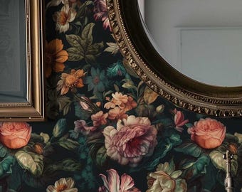 Moody Floral Peel and Stick Wallpaper | Dark Botanical Vintage Wall Mural