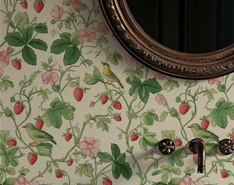 Whimsical Strawberry Wallpaper Peel and Stick, Romantic Bird and Floral Wallpaper, Cottagecore Removable Wallpaper 531