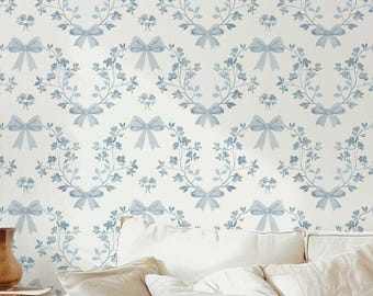 Blaue Schleifen-Blumentapete: Shabby Chic Selbstklebend