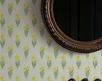 Peel and Stick Vintage Daffodil Wallpaper, Yellow Striped Floral Wallpaper, Romantic Removable Wallpaper 511