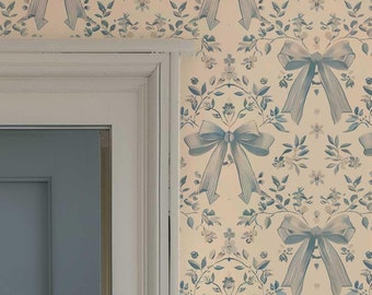 Selbstklebende Tapete „Blaue Schleife“: Romantische, florale, abnehmbare Wandtapete