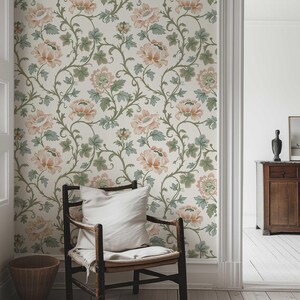 Vintage Floral Wallpaper Mural | Pink Flowers & Muted Green Leaves Vines | Victorian Peel and Stick or Traditional Wallpaper