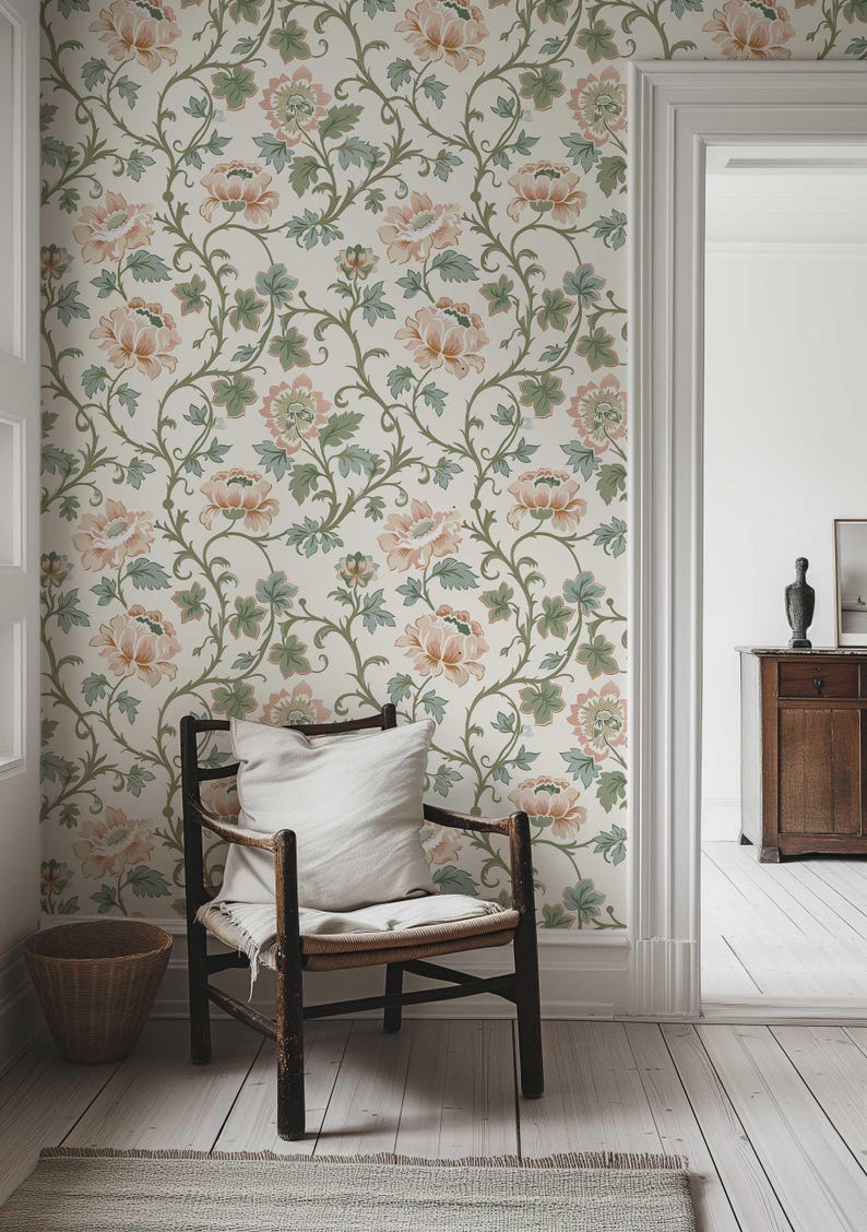 Vintage Floral Wallpaper Mural | Pink Flowers & Muted Green Leaves Vines | Victorian Peel and Stick or Traditional Wallpaper