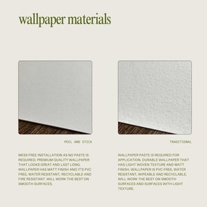 May include: Two white squares with text describing the different types of wallpaper materials. The left square is labeled "Peel and Stick" and the right square is labeled "Traditional".