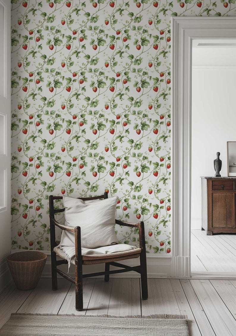 Strawberry Print Wallpaper: Retro Botanical Peel and Stick Wall Mural ...