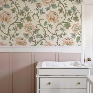 Vintage Floral Wallpaper Mural | Pink Flowers & Muted Green Leaves Vines | Victorian Peel and Stick or Traditional Wallpaper