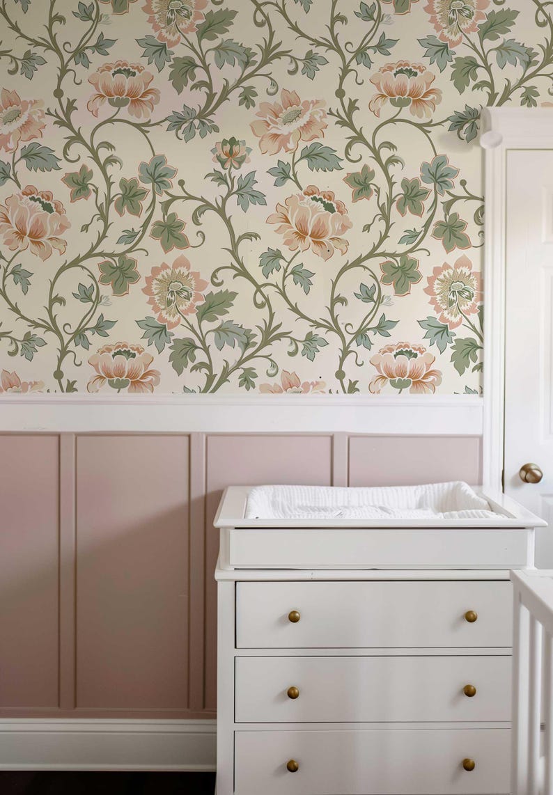 Vintage Floral Wallpaper Mural | Pink Flowers & Muted Green Leaves Vines | Victorian Peel and Stick or Traditional Wallpaper