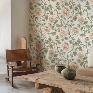 Vintage Floral Wallpaper Mural | Pink Flowers & Muted Green Leaves Vines | Victorian Peel and Stick or Traditional Wallpaper