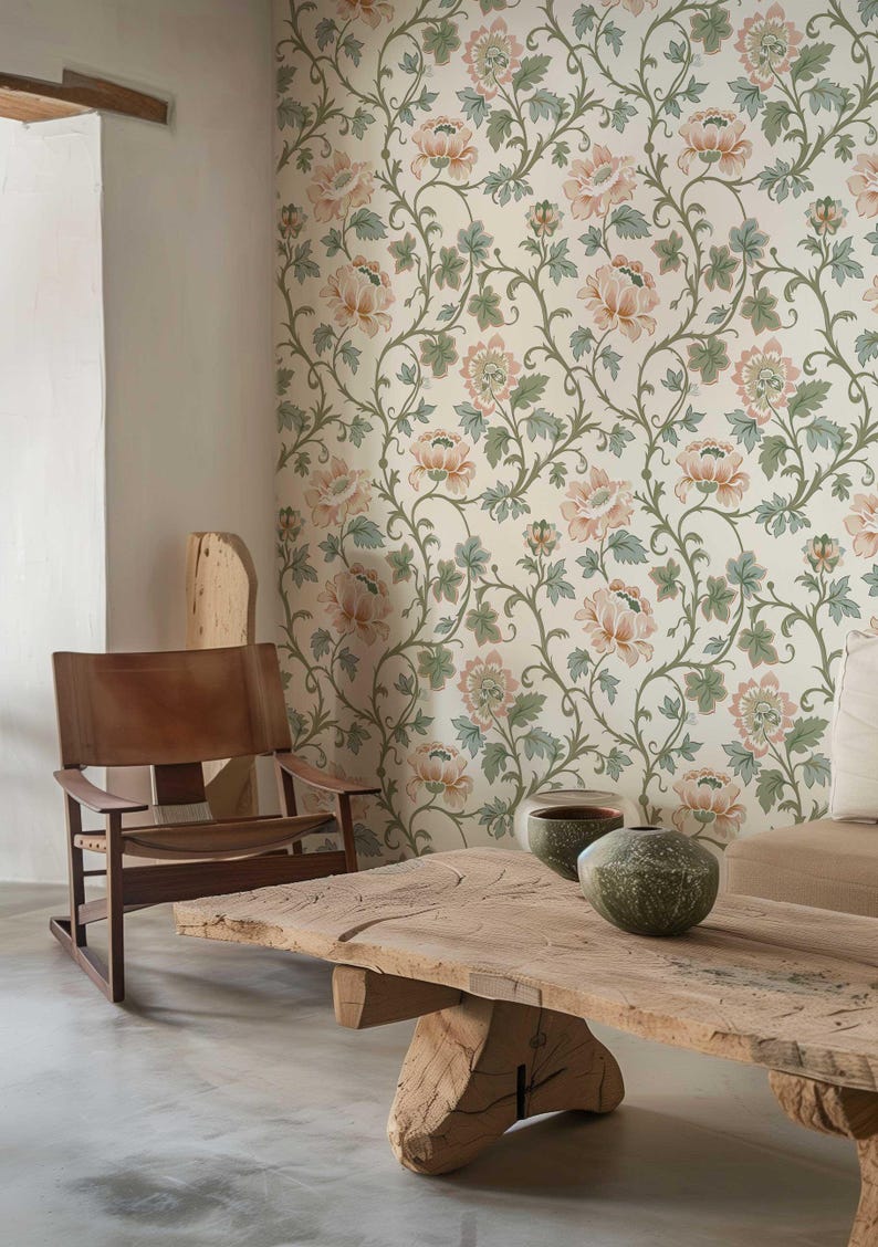 Vintage Floral Wallpaper Mural | Pink Flowers & Muted Green Leaves Vines | Victorian Peel and Stick or Traditional Wallpaper