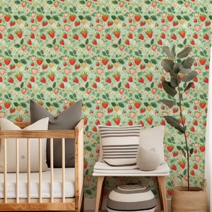 Vintage Strawberries Peel and Stick Wallpaper, Botanical Nursery Wall ...