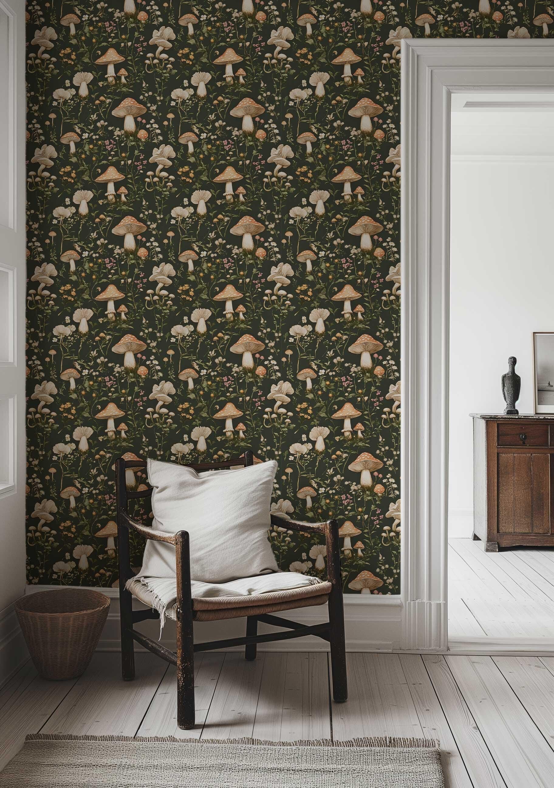 Dark Moody Mushroom Wallpaper: Vintage Botanical Peel and Stick Mural ...
