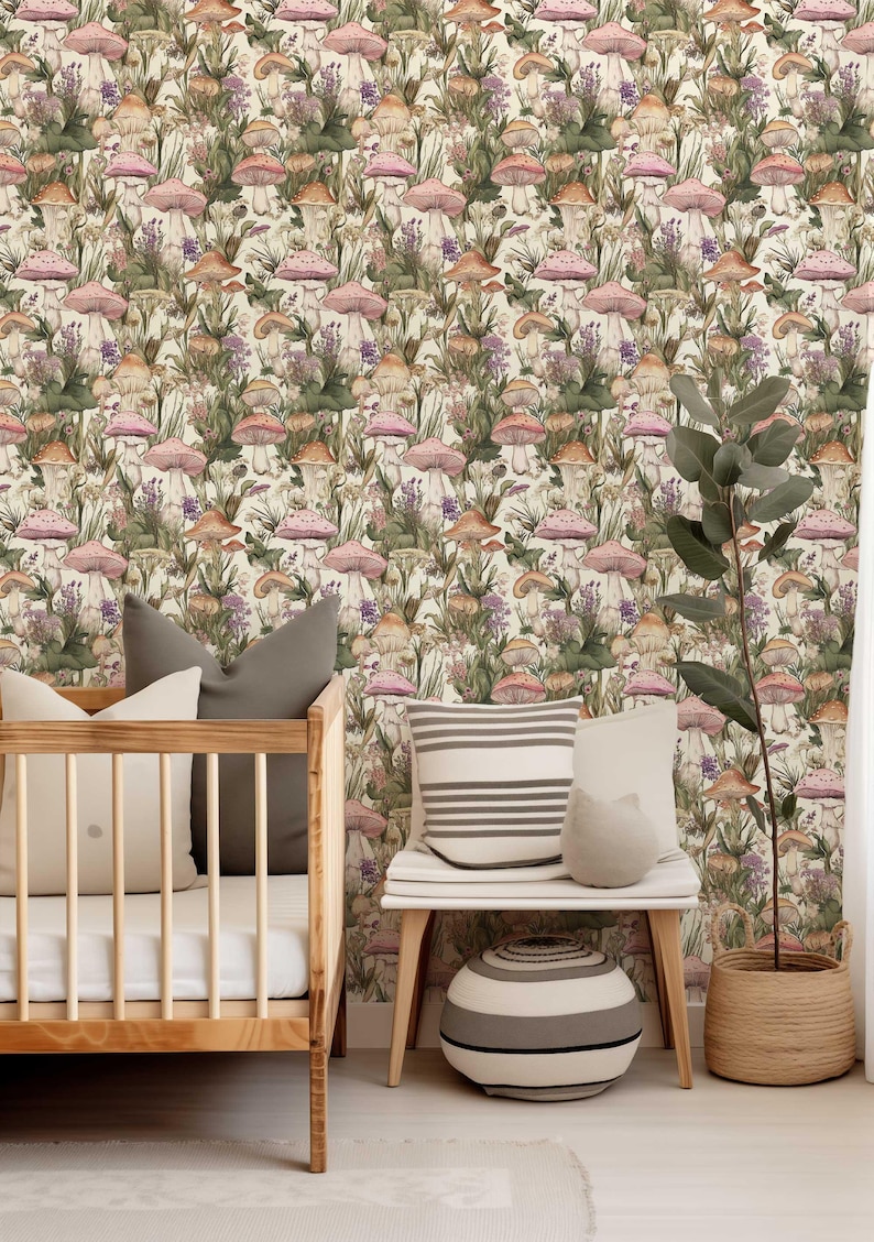 May include: A nursery room featuring a cot and a white bench with a striped cushion. The wall is adorned with wallpaper featuring a pattern of pink and brown mushrooms and green foliage.