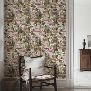 May include: A beige wallpaper with a repeating pattern of pink and brown mushrooms and green foliage.
