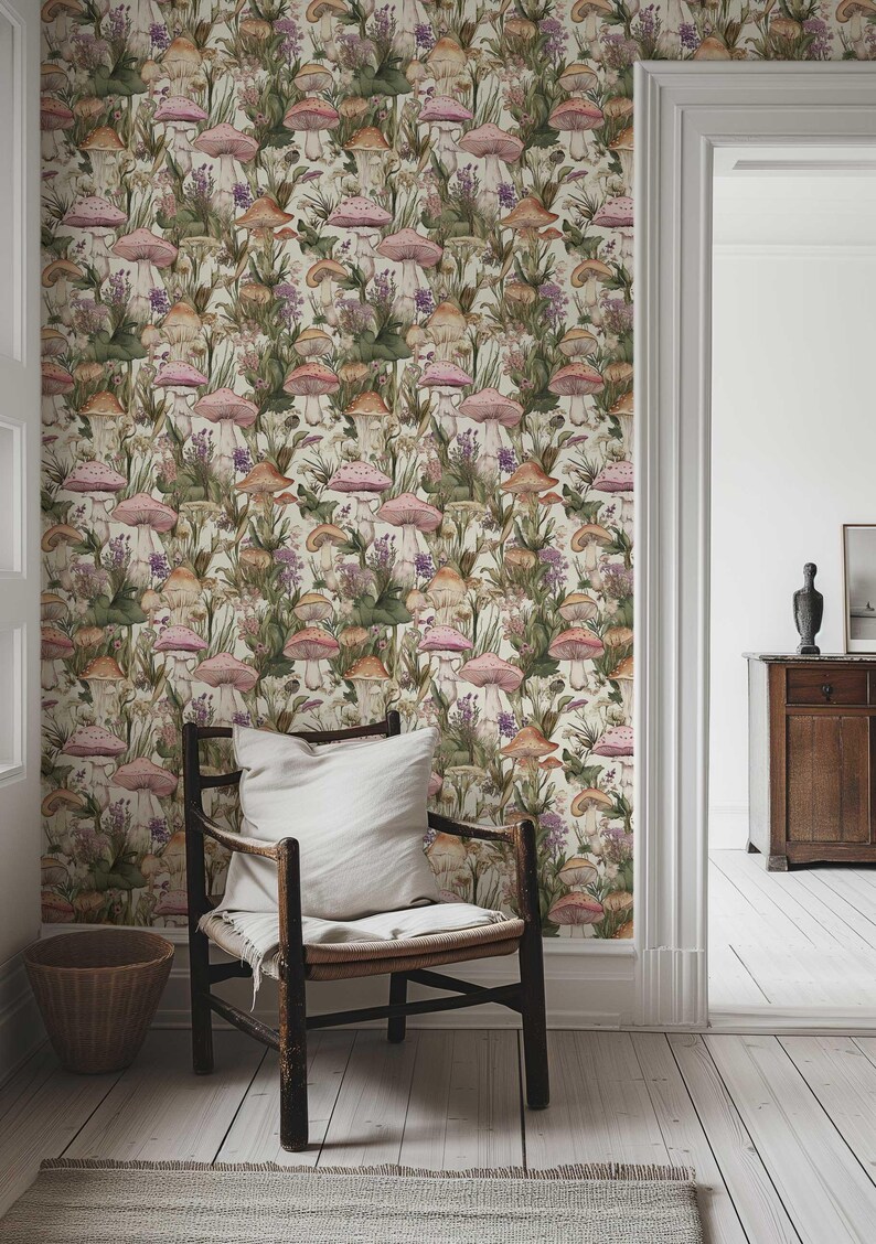 May include: A beige wallpaper with a repeating pattern of pink and brown mushrooms and green foliage.