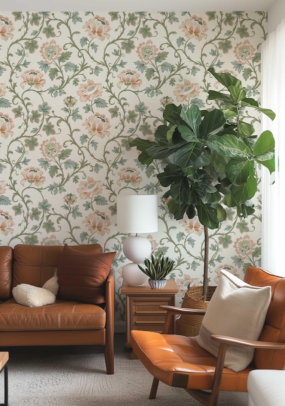 Vintage Rococo Floral Wallpaper Mural: Pink Flowers, Green Vines (Peel and Stick or Traditional material)