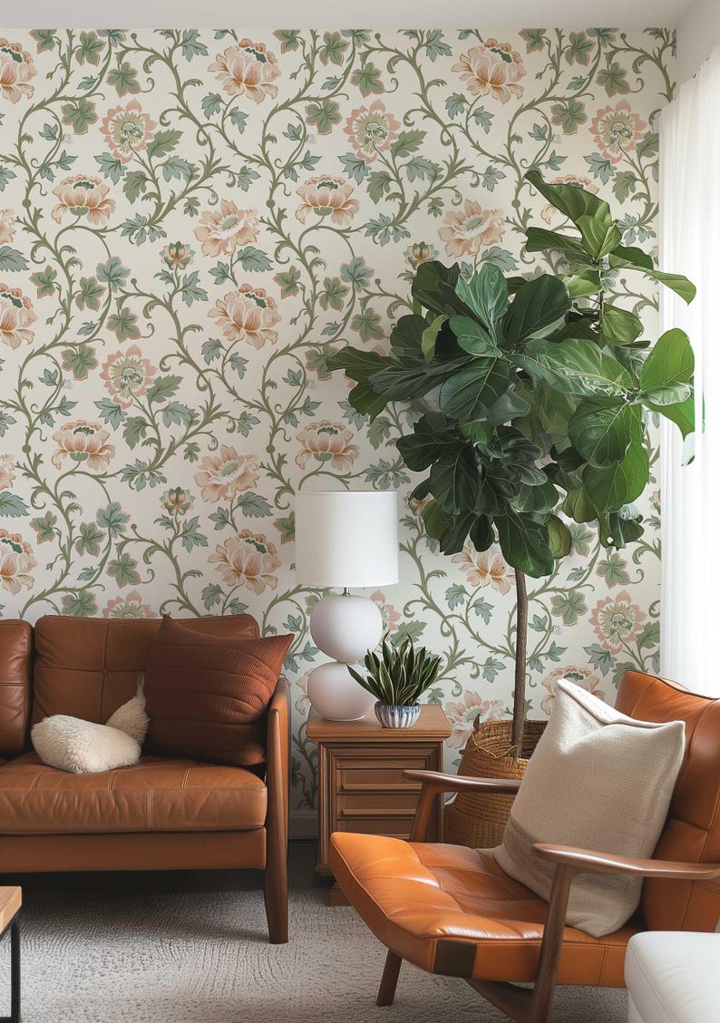 Vintage Floral Wallpaper Mural | Pink Flowers & Muted Green Leaves Vines | Victorian Peel and Stick or Traditional Wallpaper