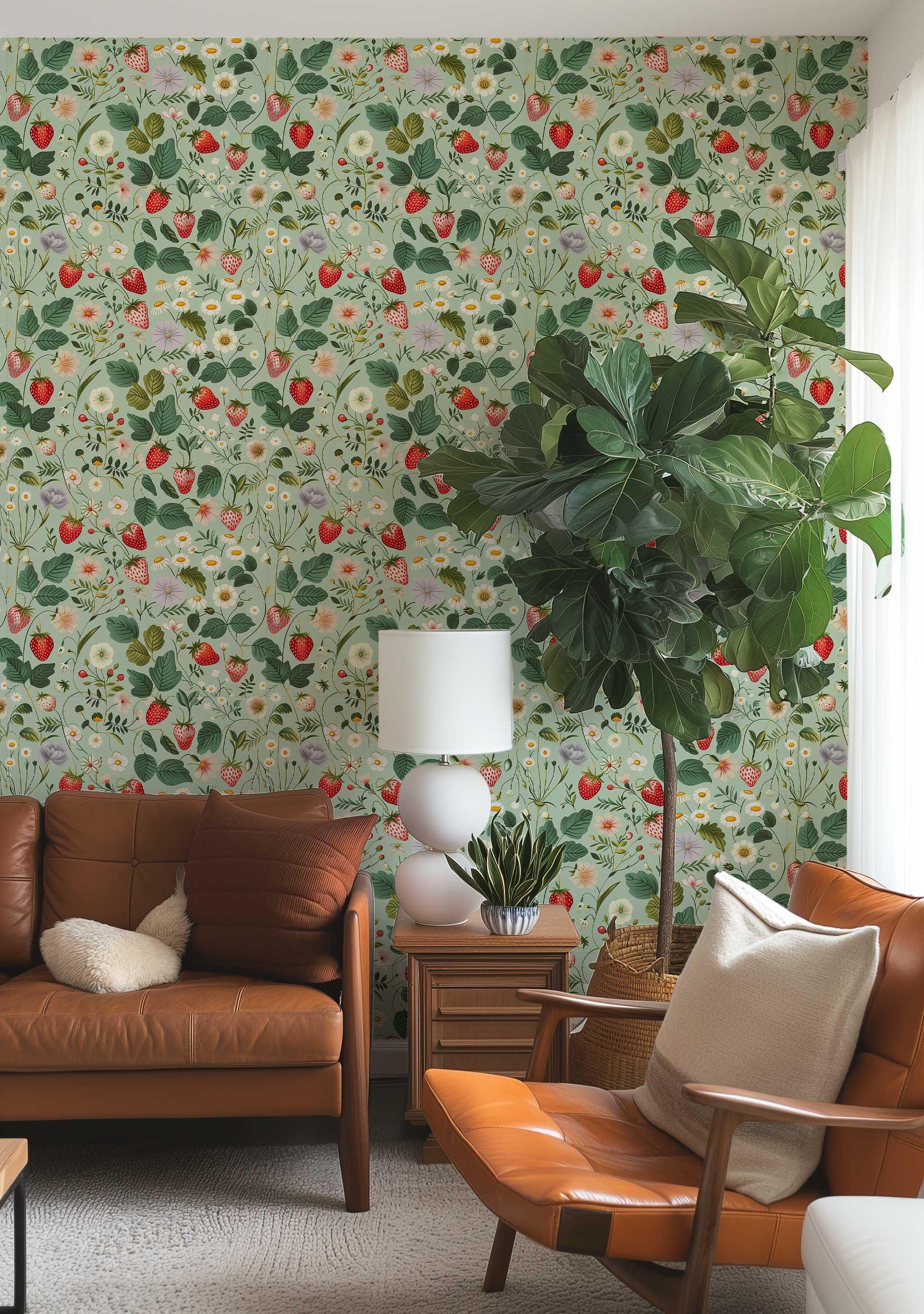 Vintage Strawberries Wallpaper, Preppy Floral Peel and Stick Wall Mural ...