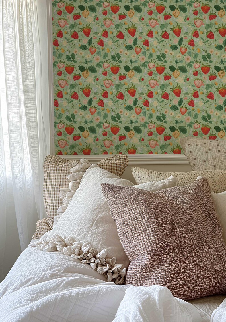 Vintage Strawberries Peel and Stick Wallpaper, Botanical Nursery Wall ...