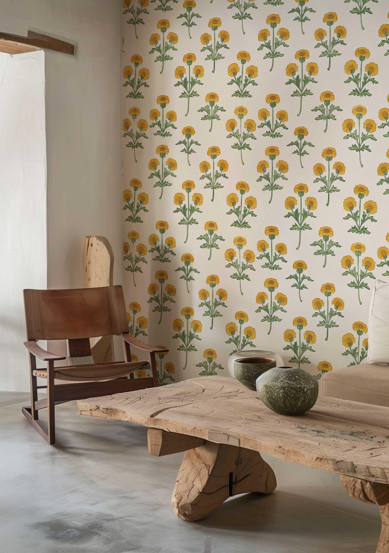 Vintage Marigold Wallpaper, Retro Floral Peel and Stick Wall Mural ...